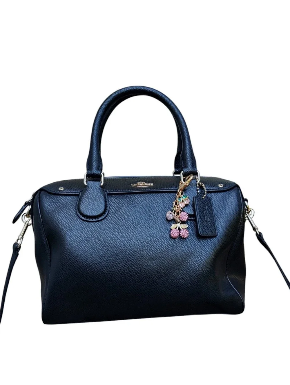 Coach Black Pebbled Leather Satchel with Cherry Charm